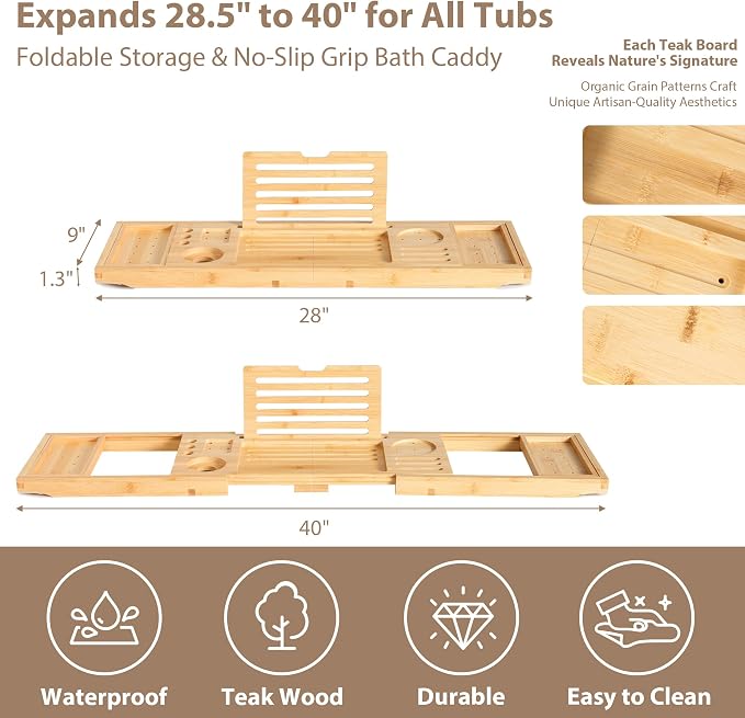Bamboo Bathtub Tray | Splash-Proof Adjustable | Non-Slip Pads, Wine Holder & - Image 6