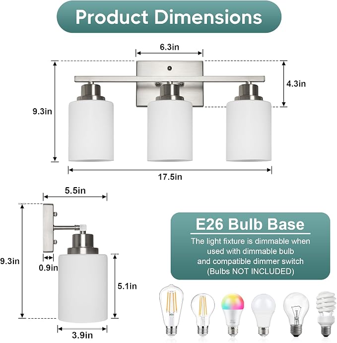 Ascher Bathroom Light Fixtures, 3-Light Vanity Light Over Mirror, Brushed - Image 2