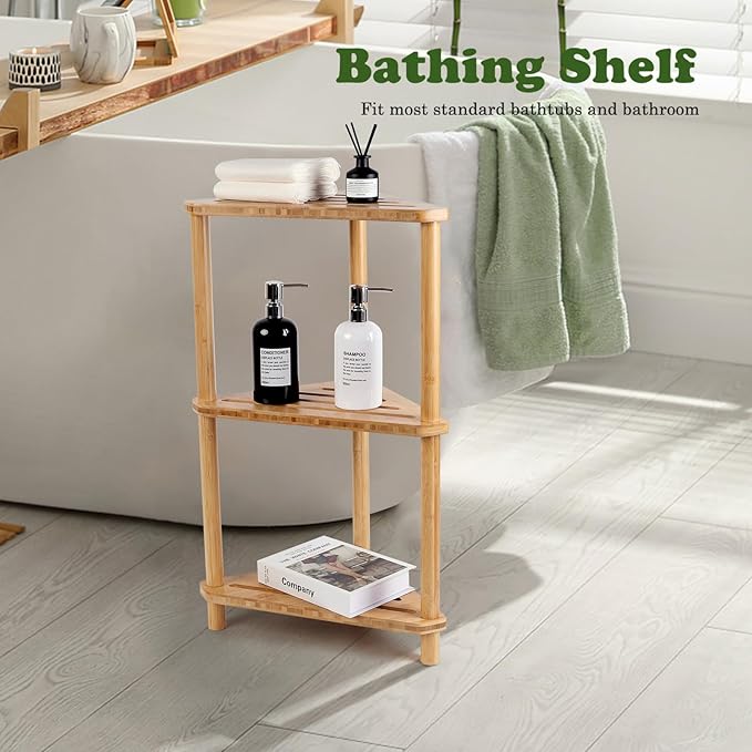 Bamboo Corner Shower Caddy Stand 3-Tier Waterproof, Free Standing Bathroom - Image 6