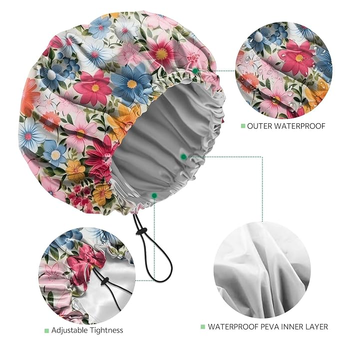2 PCS Shower Cap Waterproof Double Layer Elastic Adjustable Reusable Hair Bath - Image 3