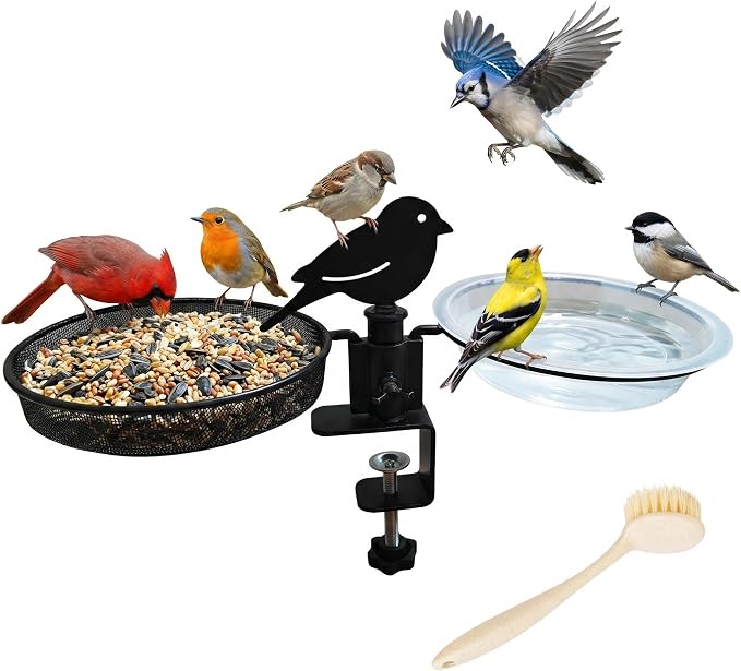 Deck Bird Feeder & Bird Bath for Balcony Railing, No-Drill Clamp Fits up to by Fusionchaos