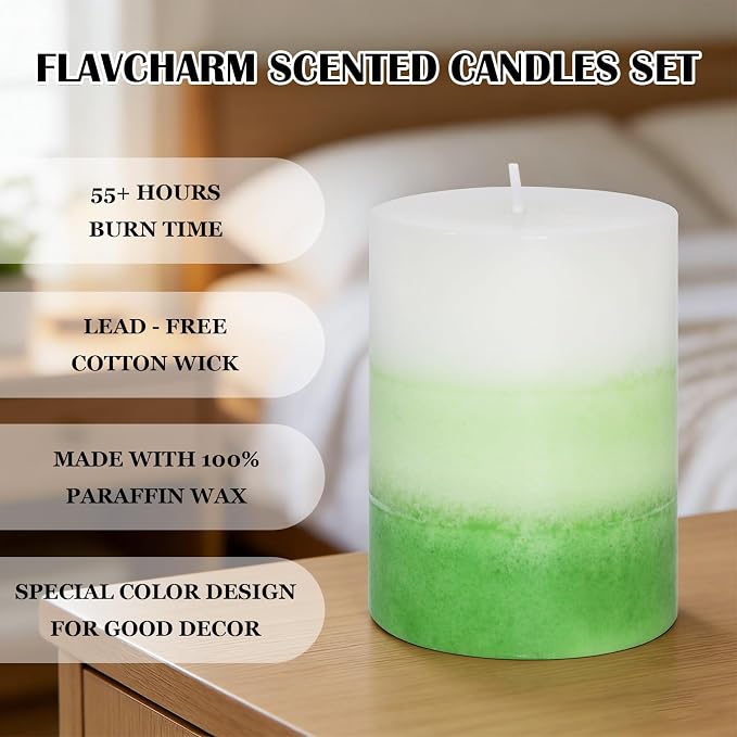 Pillar Candles 3x4 Inch Eucalyptus Scented Hand-Poured Layered Green Gradient - Image 4