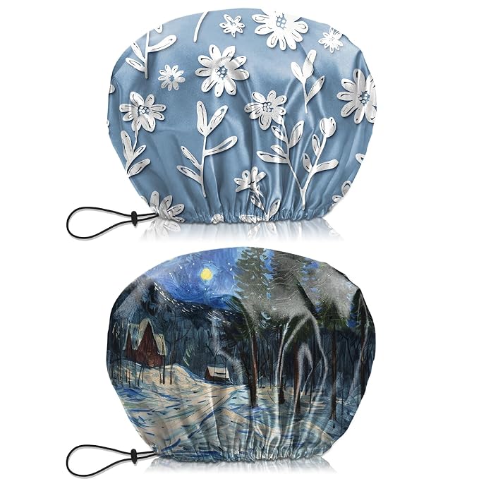 2 PCS Shower Cap Waterproof Double Layer Elastic Adjustable Reusable Hair Bath by BHAHB