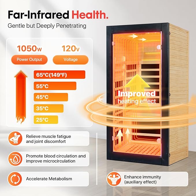 OUTEXER Sauna One Person Infrared Saunas Room Chilean Pine Wood 1050W Dry - Image 6