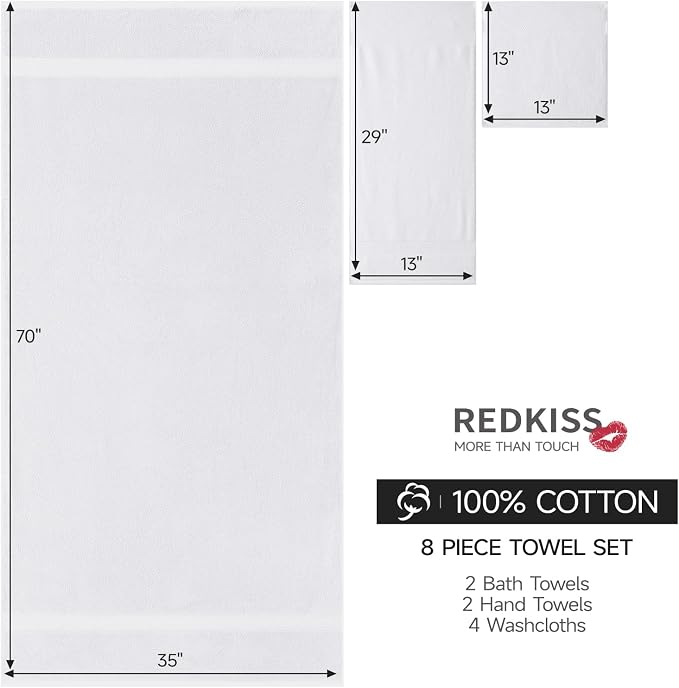 REDKISS Towels 8 Piece Luxury Bath Towel Set, 2 Bath Sheets, 2 Hand Towels - Image 3