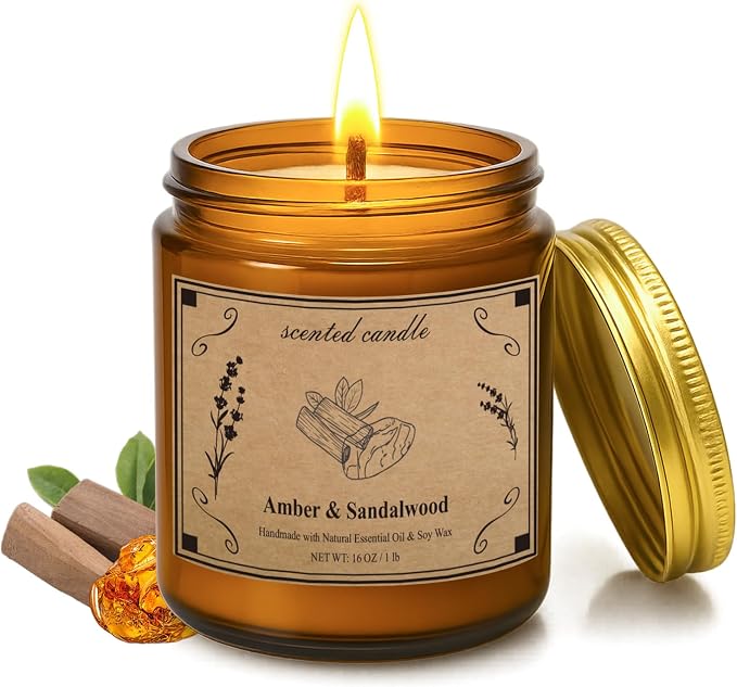 Scented Candles, 16oz Large Jar Soy Wax Candle – Amber & Sandalwood by Unknown