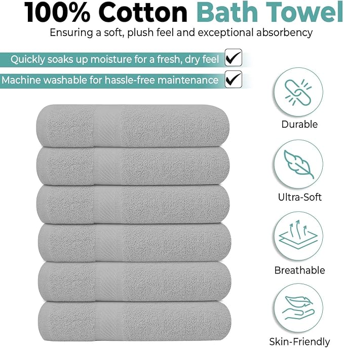 KAHAF COLLECTION 6 Pack Bath Towels Set 100% Ring Spun Cotton, Lightweight - Image 2