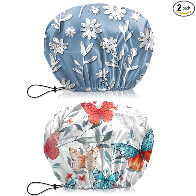 2 PCS Shower Cap Waterproof Double Layer Elastic Adjustable Reusable Hair Bath by BHAHB