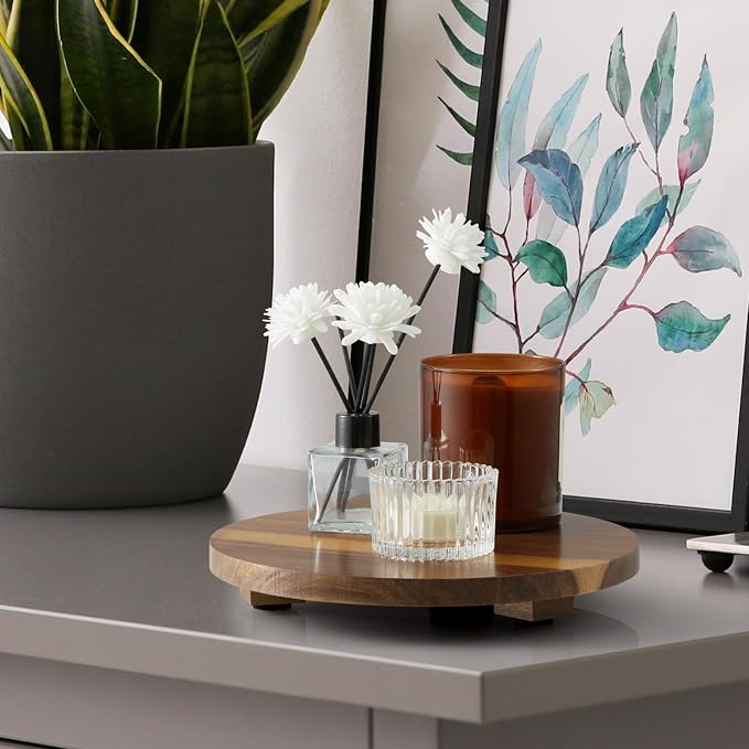 Small Round Decorative Tray Acacia Wood Bathroom Counter Organizer Pedestal - Image 4