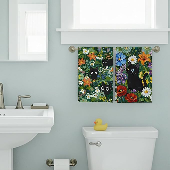 Accnicc 2 Pack Black Cat Bathroom Hand Towels Decorative Green Plant Daisy - Image 4