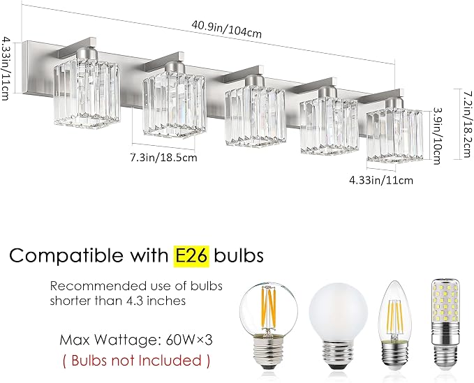 Aipsun Brushed Nickel Bathroom Lighting Fixtures 5 Light Vanity Light Crystal - Image 6