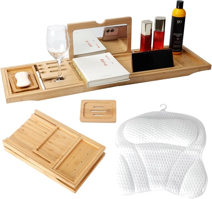 Bathtub Tray Table with Mirror and Bath Pillow, Expandable and Foldable Bamboo by WALTERT+W