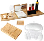 Bathtub Tray Table with Mirror and Bath Pillow, Expandable and Foldable Bamboo by WALTERT+W