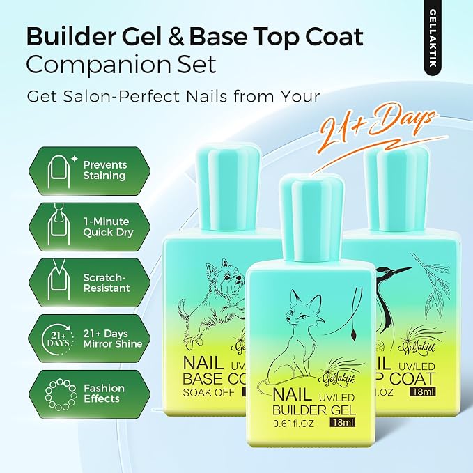 3 Pcs 18ml Gel Base Coat, Builder Gel & No Wipe Top Coat Set - Image 2