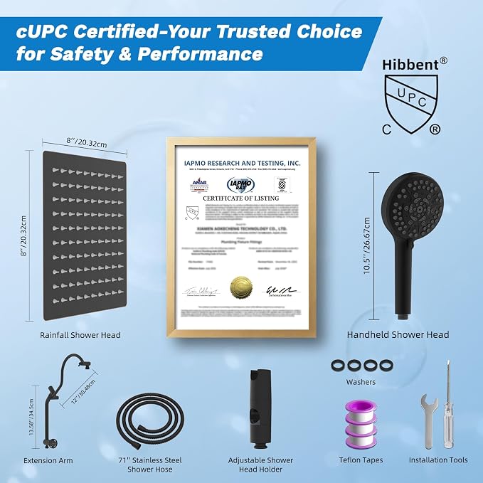 Hibbent cUPC Certified All Metal 8" Rainfall Showerhead Combo, High Pressure - Image 9