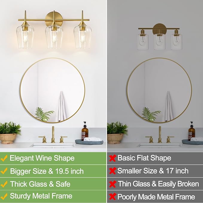 MOKATNG 3-Light Bathroom Light Fixtures, 19.5 Inch Brushed Gold Vanity Lights - Image 2