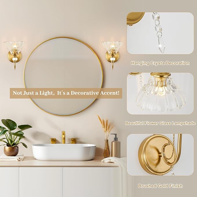 1 Piece Vintage Wall Sconce, 1-Light Brushed Gold Finish Wall Sconce - Image 4