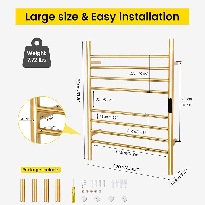 8-Bars Gold Heated Towel Rack–23" Wall Mounted Towel Warmer - Image 5