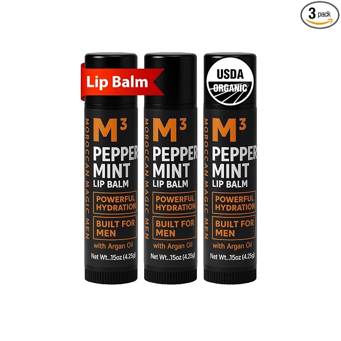 Moroccan Magic Men M3 Organic Peppermint Lip Balm 3 Pack | Ultra-Hydrating & by MoroccanMagic