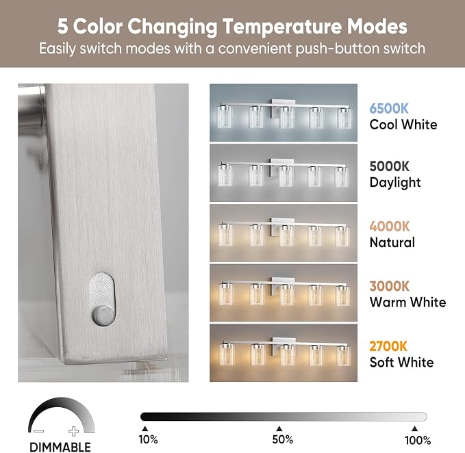 LED Modern Bathroom Light Fixtures Over Mirror, 5-Light Brushed Nickel Vanity - Image 3
