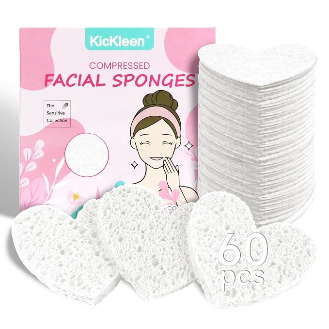 60-Count Kickleen Compressed Cellulose Heart Shape Facial Sponges | 100% by KICKLEEN