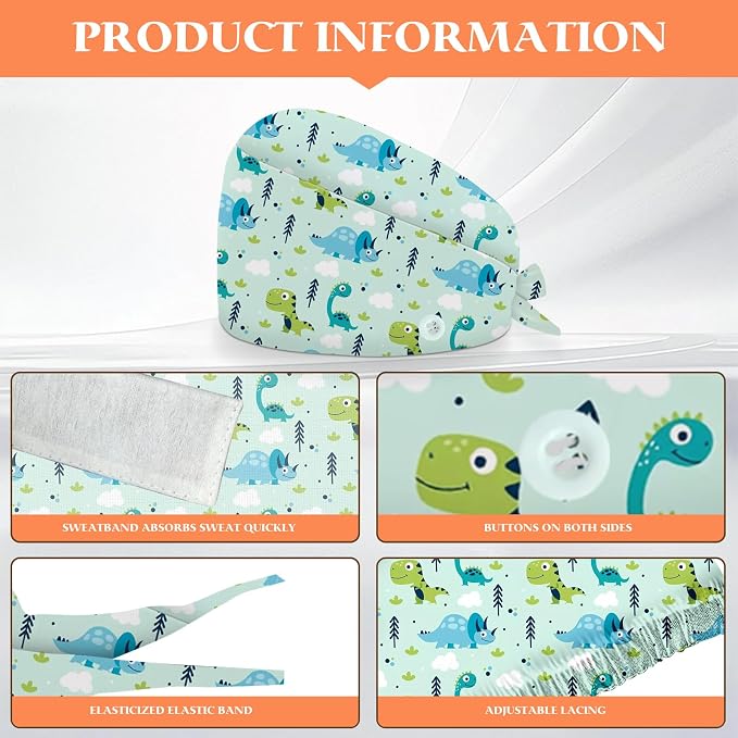 Adjustable Scrub Cap with Buttons & Sweatband, Working Hat with Elastic Tie Back - Image 2