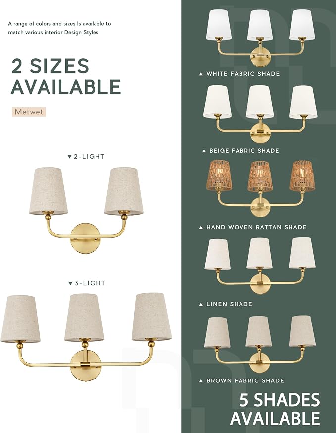 3-Light Bathroom Light Fixtures, Brushed Gold Vanity Lights - Image 7