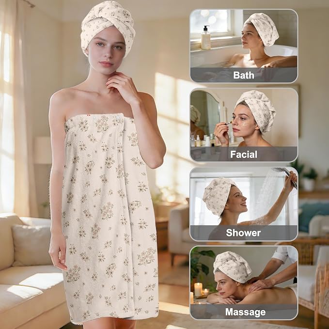 Absorbent Bath Towel Wrap Set for Women, Small Flower Print Towel Wrap After - Image 2