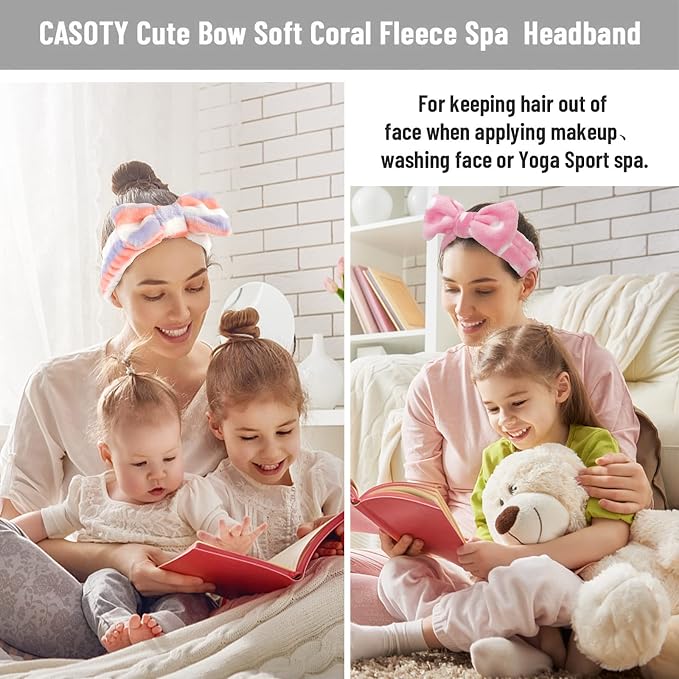 Casoty 6 Pcs Hairband, Soft Coral Fleece Spa Headbands, Bow Headband - Image 4
