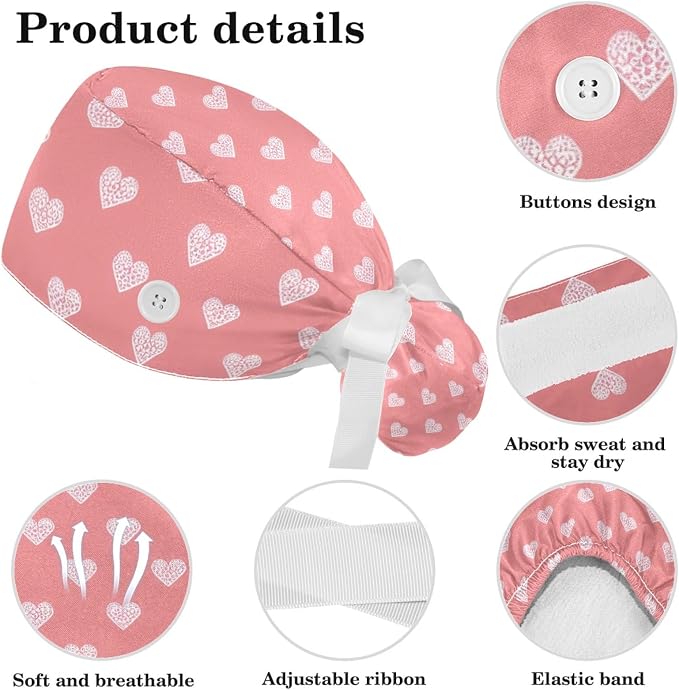 Scrub Caps Women Ponytail Cute Pink and White Leaves Caps Bouffant Working Hat - Image 4