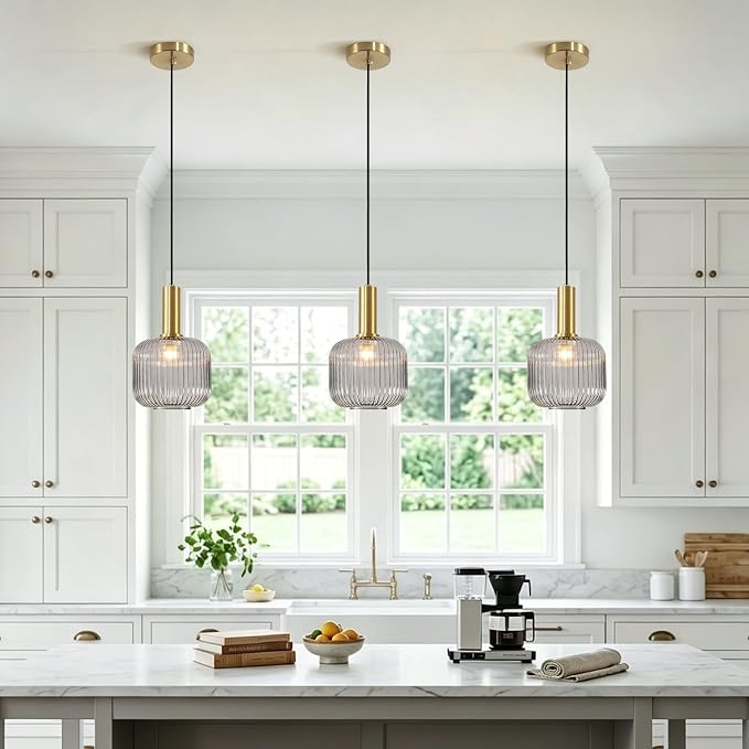KCO Lighting Mid Century Smoke Glass Pendant Light Antique Brass Kitchen Island - Image 5