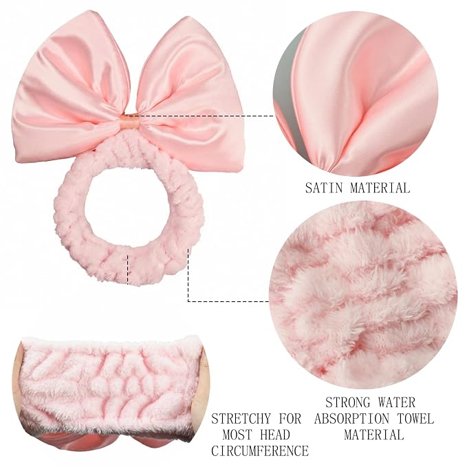 JIAHANG Large Bow Facial Spa Headband, Morning Wash Skincare Satin Bow Hairband - Image 5