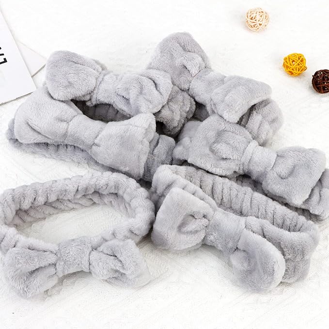 Casoty 6 Pcs Grey Spa Headband, Bow Hair Band, Soft Coral Fleece Makeup Headband - Image 7