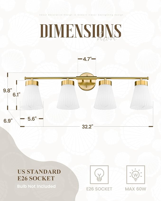 Bathroom Light Fixtures Brushed Gold, HWH 4 Light Vanity Lights Over Mirror - Image 2