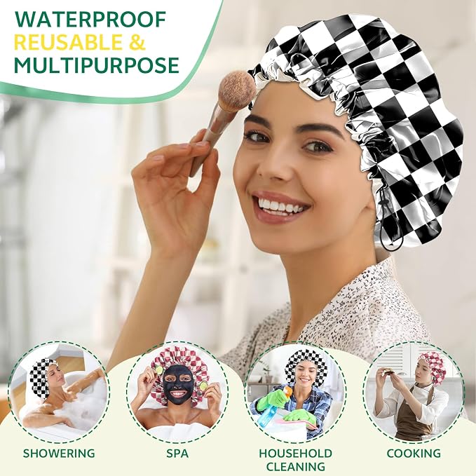2 PCS Shower Cap Waterproof Double Layer Elastic Adjustable Reusable Hair Bath - Image 6
