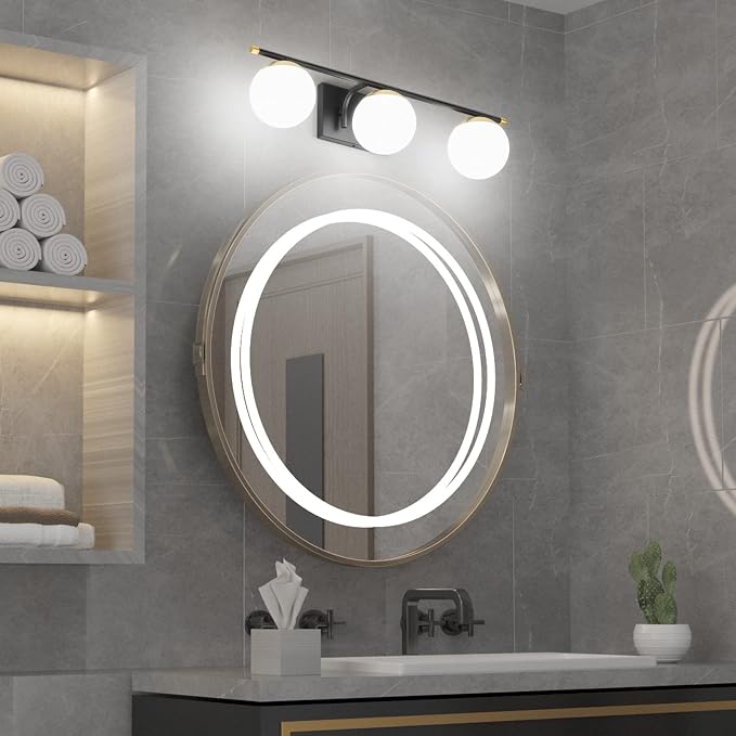 Ralbay Black and Gold Bathroom Lights 3-Light Mid Century Modern Milky Glass - Image 3