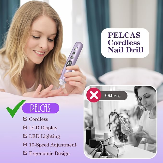 PELCAS Electric Nail Drills, 10 Speeds Cordless Nail File - Image 3
