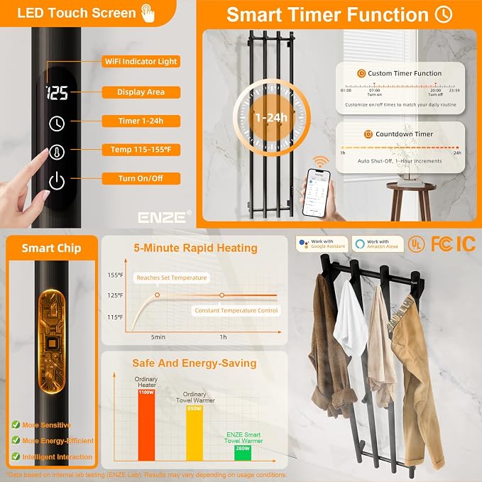 ENZE Smart Heated Towel Rack, Wall Mounted Electric Towel Warmer 300W - Image 4