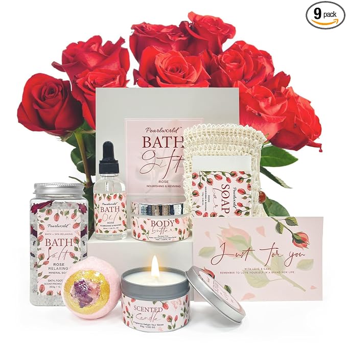 Rose Spa Gift Set for Women, Luxury 9 Pcs Bath Salts Set, Relaxation Gifts for by PEARLWORLD
