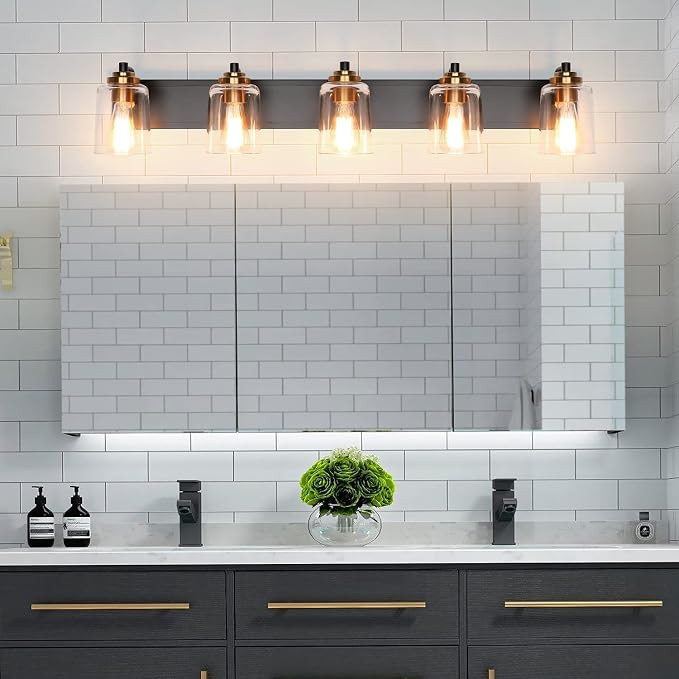 SOLFART 5 Lights Vintage Vanity Lighting Over Mirror Brass Bathroom Vanity - Image 5