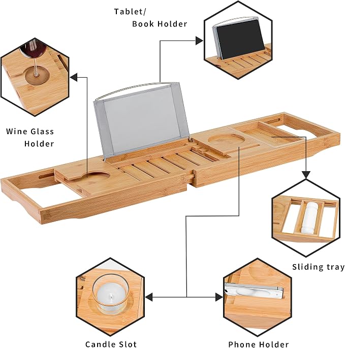 Utoplike Bamboo Bathtub Caddy Tray Bath Tray - Image 5