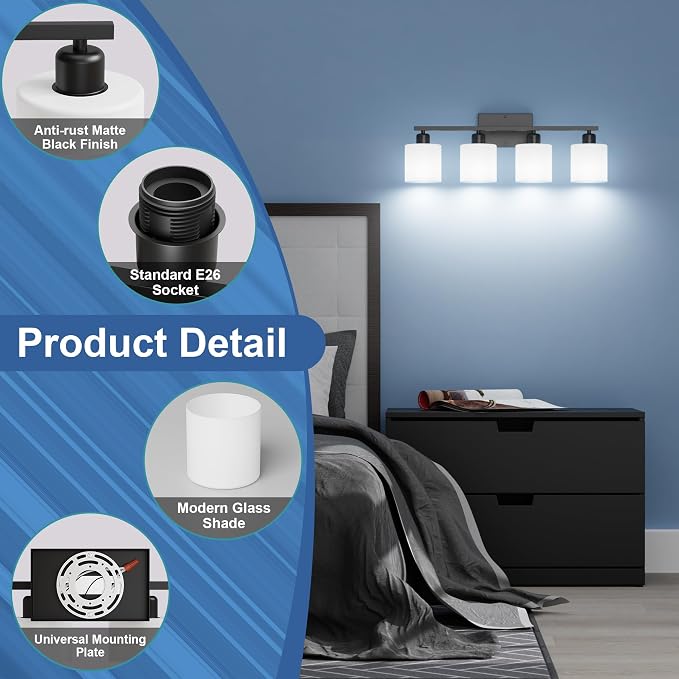 Black Vanity Lights for Bathroom, Anti-rust 4-Light Bathroom Light Fixtures - Image 4