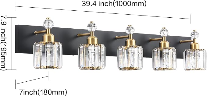 PRESDE 5-Light Crystal Bathroom Vanity Light, Modern Black and Gold Wall Sconce - Image 5