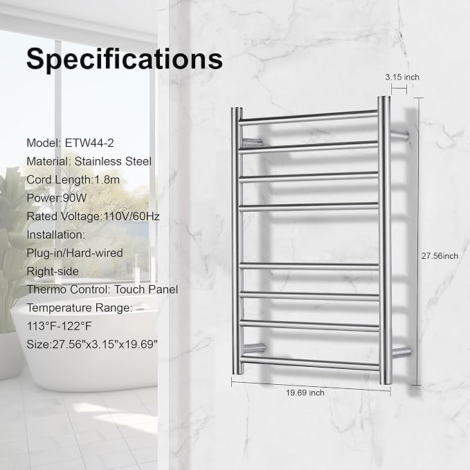 Towel Warmer Polished Chrome for Bathroom Wall Mounted Drying Rack Plug-in - Image 3