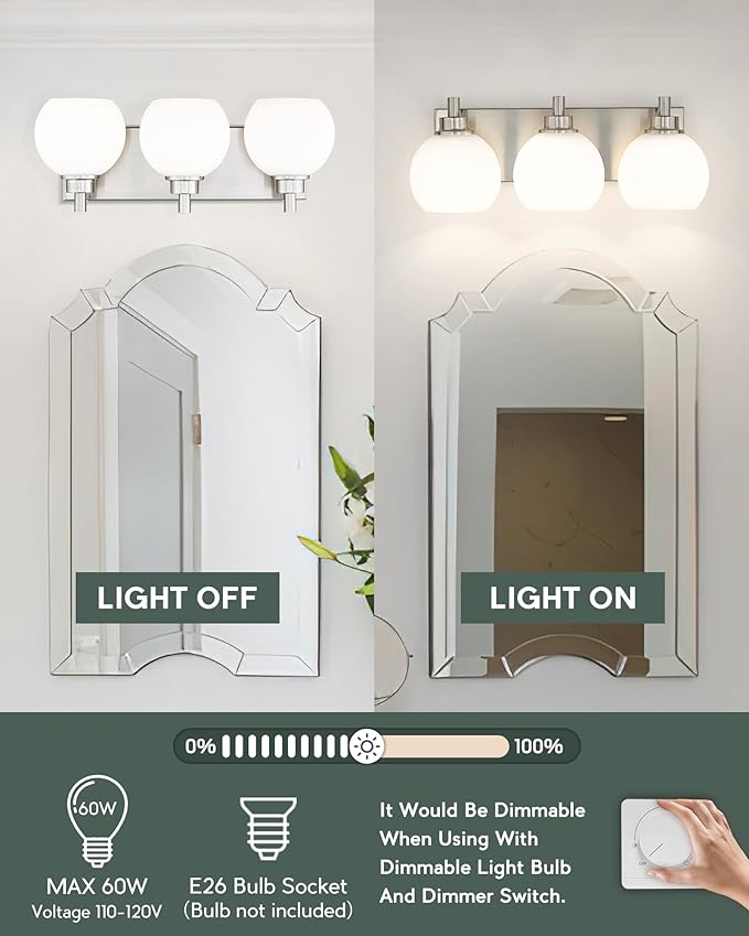 Bathroom Light Fixtures, 3-Light Brushed Nickel Vanity Light, Modern Wall - Image 2
