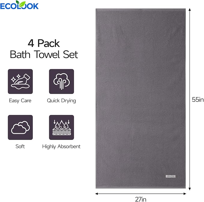 ecolook Bath Towels Set of 4, 100% Cotton, 27 x 55 Inches, Quick-Drying & - Image 3
