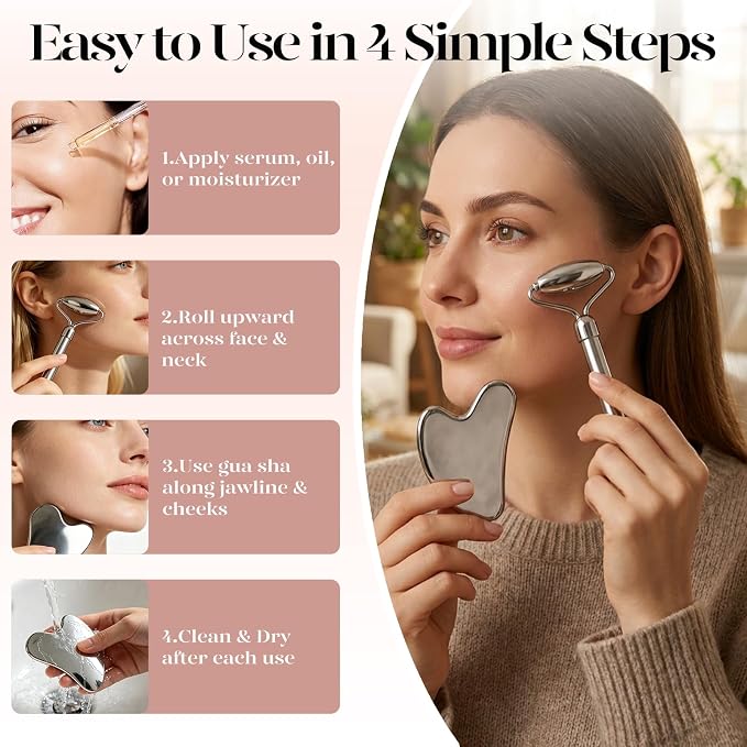 BAIMEI Stainless Steel Gua Sha & Face Roller Set, Facial Massage Tool - Image 4