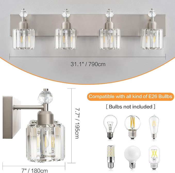 PRESDE 4-Light Brushed Nickel Vanity Light, Crystal Modern Bathroom Light Over - Image 3