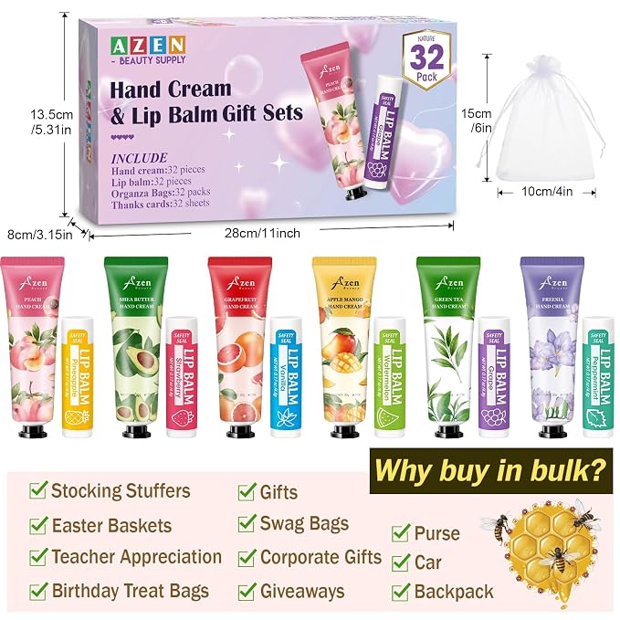 AZEN 32 Sets Bulk Gifts, Hand Cream and Lip Balm Bulk Set - Image 6