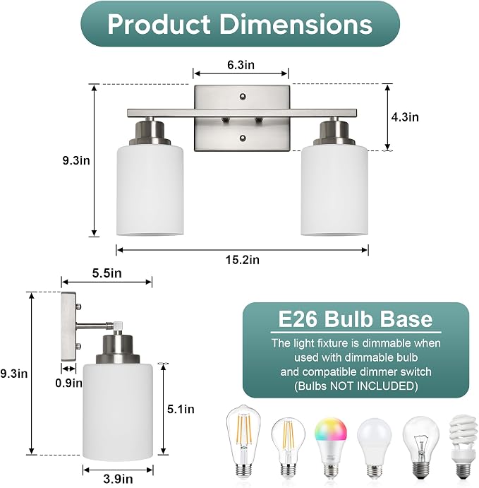 Ascher Bathroom Light Fixtures, 2-Light Vanity Light Over Mirror, Brushed - Image 2